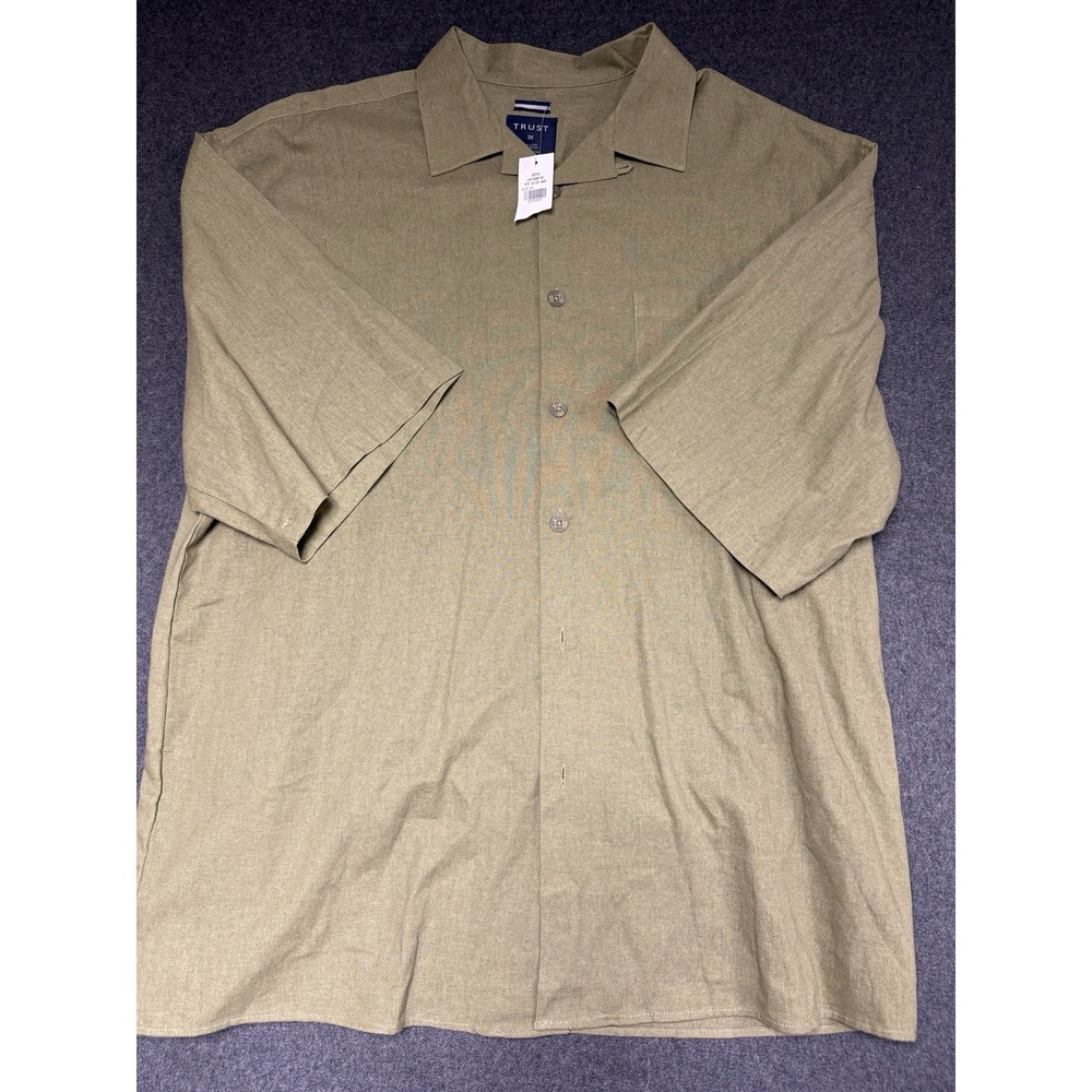 Trust 3X Mens Green Linen Blend Button Down Short Sleeve Shirt Safari